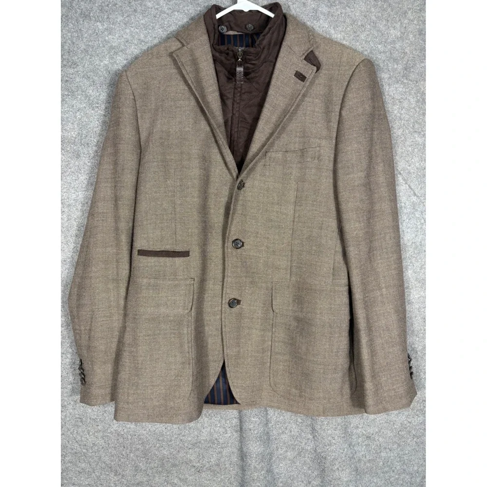 Stafford Essentials Mens 40R Slim Fit Brown Wool Blend Blazer Quilted Bib Jacket